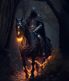 a man riding on the back of a horse through a forest covered in fire flames