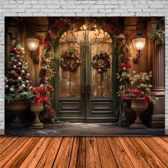 an image of christmas decorations in front of a door with lights on the outside wall