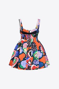 Heart printed denim godet mini dress. Features crystal cluster heart embellishment at center front, side slit pockets and adjutable straps. Available in Multi. Pop Art Fashion, Skirt And Top Dress, Leather Denim, Printed Denim, Sergio Rossi, Art Fashion, Crystal Cluster, Pre Fall, Heart Print