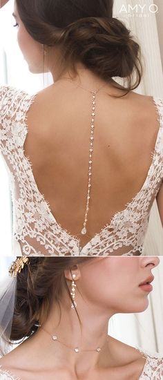 the back of a woman's wedding dress with pearls