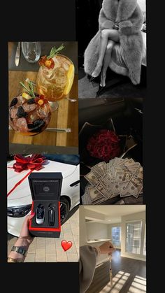 a collage of photos with various items in black and white, including an open gift box