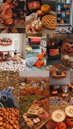 a collage of photos with pumpkins, pies and other items on it