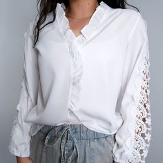 Gorgeous white v neck blouse with a ruffled collar and beautiful lace details on the sleeve. Ditch your boring white button up for this elevated blouse. Model wearing a Small. Runs true to size. White Button Up, Ruffled Collar, Collar Blouse, V Neck Blouse, Lace Sleeves, Large White, Lace Detail, White Lace, Button Up