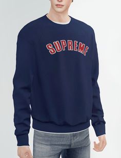 a young man wearing a blue sweatshirt with the word supreme on it, standing in front of a white background