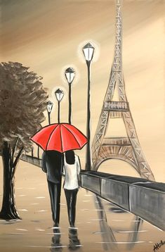 a painting of two people holding umbrellas walking in front of the eiffel tower