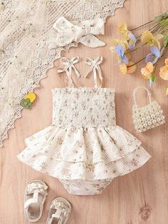 Apricot  Collar Sleeveless Knitted Fabric Floral Cami Embellished Non-Stretch  Baby Girls Clothing Summer Outfits For Baby Girl, Cute Baby Clothes Girl, Summer Baby Girl Outfits, Baby Outfits Girl, Boho Baby Girl Clothes