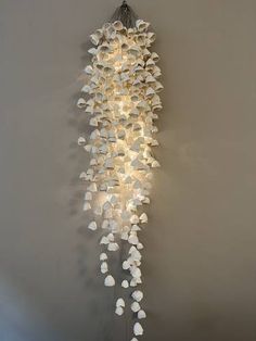 a chandelier made out of shells hanging from the ceiling