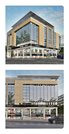 two renderings of the front and side of a large office building with glass windows