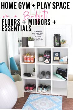 a white shelf filled with lots of shoes and other items next to a blue rug