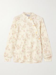 Loro Piana's 'Klara' blouse is decorated in a faded print inspired by Japanese cherry blossoms. It's made from breathable linen and cotton-blend twill and has a stand collar and asymmetric placket featuring gold-tone buttons. Japanese Cherry Blossoms, Linen Blouse, A Stand, Loro Piana, Knitwear Tops, Printed Linen, Pink Blouse, Cherry Blossoms, Everyday Wardrobe