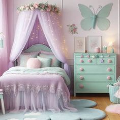 Butterfly Bedroom Ideas, Butterfly Bedroom Ideas Kids, Fairy Bedroom Ideas, Guest Bedroom Office Combo, Bedroom Ideas Kids, Girls Princess Bedroom, Bedroom Office Combo, Magical Spaces, Purple Girls Bedroom