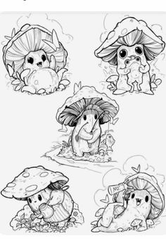 four different drawings of mushrooms and toades in black and white, each with their own character