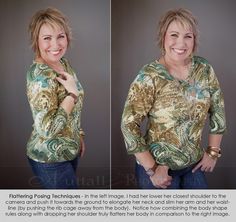 two pictures of a woman with short hair smiling and wearing a green shirt, blue jeans and gold bracelets