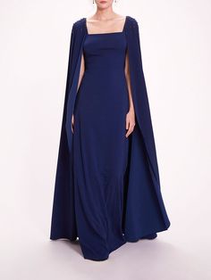 Embellished Cape Gown | Marchesa Royal Queen Dress, Blue Dress With Cape, Royal Blue Wedding Dress, Opera Gown, Blue Gowns, Slavic Style, Navy Blue Fashion, Princess Isabella, Mid Night