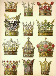 an image of crowns with flowers and birds on them in different colors, sizes and shapes