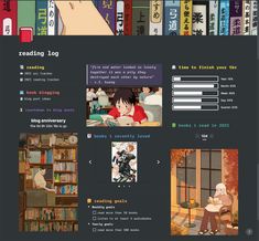 an image of a web page with bookshelves in the background and anime characters on it