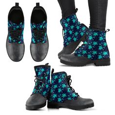 the blue and black turtle pattern is on this women's boots, which are also available