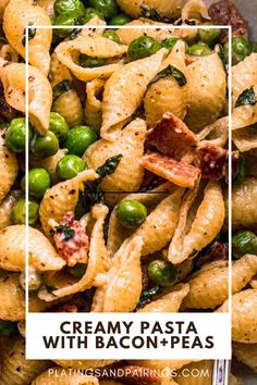 creamy pasta with bacon and peas in a bowl