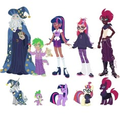 several cartoon characters are standing together in different outfits and colors, one is dressed as a witch