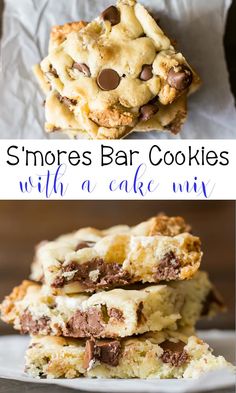 some cookies with chocolate chips are stacked on top of each other and the words, s'mores bar cookies with a cake mix