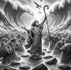 an image of jesus standing in the water with his staffs and birds flying around him