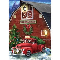 a painting of an old red truck in front of a barn with christmas decorations on it