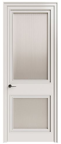 an open white door with blinds on the side and bottom paneled in frosting