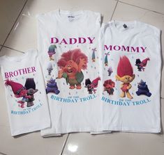 three children's t - shirts with the names of their favorite characters on them