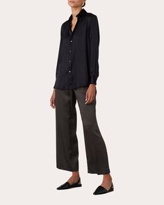 Menswear Inspiration, Drape Top, The Boyfriend, Draped Top, Satin Shirt, Peplum Hem, Boyfriend Shirt, Shell Buttons, Flare Trousers