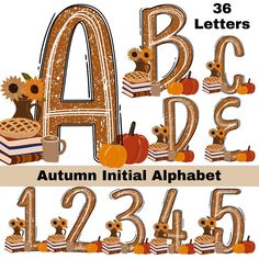 the letters and numbers are made up of pumpkins, sunflowers, and leaves