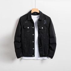 GAR BETHE New Arrival Fashion Streetwear Denim Jacket High Quality Custom Design Men Ripped Button Front Denim Jeans Jacket Black-XXS Black Aesthetic Jacket, Different Mens Styles, Dress Outfits For Men, Black Jeans Jacket, Black Denim Jacket Men, Black Jacket Men, Guy Shirts, Cool Jackets For Men, Jacket For Man