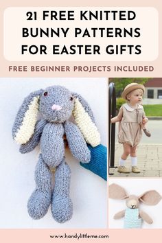 an easter bunny stuffed animal with text overlay that says, 31 free knitted bunny patterns for easter gifts