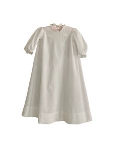 Offered is this white cotton and lace infant baby christening gown.  The gown features lace, pintucks and ornate trim from neckline to hem.   The back is open and will require snaps, pins or ties.  Possibly in a 3 month size, please see measurements below and vintage size chart.  If unsure of sizing, please compare measurements to garment that fits.    Shoulders: 8" Underarms: 11 1/2" Sleeves: 8" Shoulder to hem: 25 1/2" The dress is in very good condition with no tears, stains, broken stitches, etc.  There is a small hole on the front right sleeve.  There is also a tiny hole just starting at the bottom of the back opening. Fitted Baptism Dress With Lace Trim For Daywear, Classic Short Sleeve Baptism Dress With Ruffles, Fitted Baptism Dress With Lace Trim, Classic Baptism Dress With Lace Trim, Fitted Cotton Baptism Dress With Lace Trim, Classic Baptism Dress With Ruffles, Elegant Baptism Dress With Lace Trim For Daywear, Elegant Baptism Dress With Lace Trim, Classic Fitted Baptism Dress With Broderie Anglaise