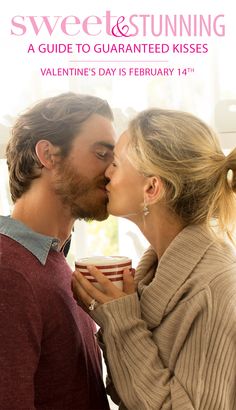 a man and woman kissing in front of a coffee cup with the words sweetest & stunning