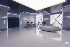 a futuristic office with white and blue lighting