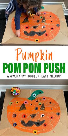 a young child is making a pumpkin pom pom push game on the floor