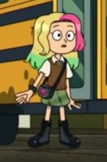 a cartoon girl standing in front of a school bus with her hand on her hip