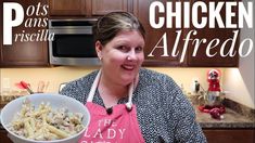 a woman in an apron holding a bowl of food with the words potts pans miscality alfredo on it