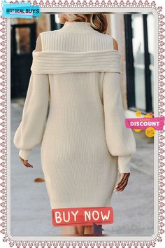 Casual Stand Collar Yarn/wool Yarn Dress Winter Long Sleeve Non-stretch Mini Dress, Non-stretch Mini Sweater Dress For Winter, Beige Knee-length Sweater Dress For Winter, Cream Mini Length Winter Dress, Beige Knitted Winter Dress, Cream Knitted Dress For Fall, Winter Beige Knitted Dress, Beige Knit Mini Dress For Winter, Winter Beige Knit Mini Dress