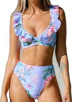 Light Blue Beachy Swimwear For Beach Party, Underwire Tropical Print Summer Swimwear, Light Blue Floral Print Swimwear For Poolside, Blue Fitted Swimwear For Summer Parties, Fitted Blue Swimwear For Summer Parties, Light Blue Floral Print Swimwear For Summer, Light Blue Underwire Swimwear For Summer, Blue Swimwear For Summer Parties, Cupshe Bikinis