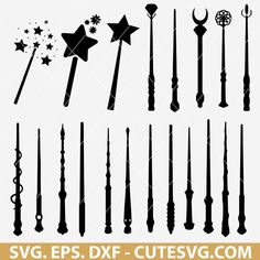 the silhouettes of different types of wands and stars are shown in this image