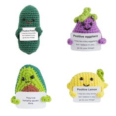 three crocheted amigurts are shown in four different colors, one is green and the other is purple