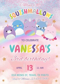 a birthday party flyer with cats and unicorns on the rainbow - hued background