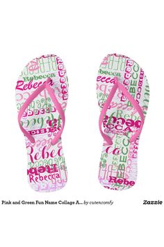 Pink and Green Fun Name Collage Allover Print Flip Flops for men and women. mark your difference, be original. Green Fun Style Flip Flops For Summer, Green Fun Style Summer Flip Flops, Fun Flip Flops For Beach Season Swimming, Fun Flip Flops For Beach Season, Fun Beach Season Flip Flops For Swimming, Fun White Flip Flops For Beach, Fun White Flip Flops For The Beach, Fun Green Flip Flops For Summer, Spring Playful Pink Flip Flops