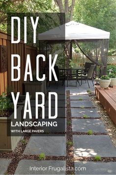 the back yard landscaping with large pavers and an umbrella over it is easy to do