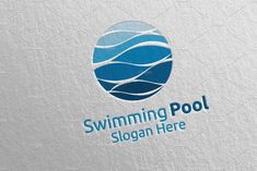 the swimming pool logo is designed with blue water waves on white paper and has a rounded shape