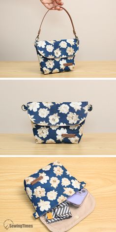 three different bags with flowers on them, one in blue and the other in white