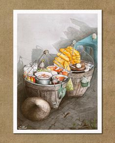 a drawing of a basket full of food on top of a stone floor next to a ball