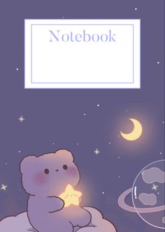 a teddy bear sitting on top of a bed under a night sky with the moon and stars above it