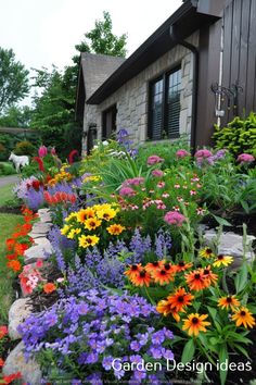 colorful flowers line the side of a house